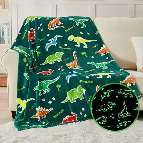 SOCHOW Glow in The Dark Dinosaur Blanket for Boys Girls, Toys for 3-10 Year Old Child Teen Birthday Gifts, Soft Cozy Flannel Throw Blanket for Kids, Green 127cm x 150cm