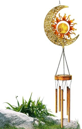 Sun Moon Carillon solaire – Carillon éolien solaire avec boule de verre craquelé | Carillon éolien craquelé avec lumière LED chaude pour cour, terrasse, jardin, jaune
