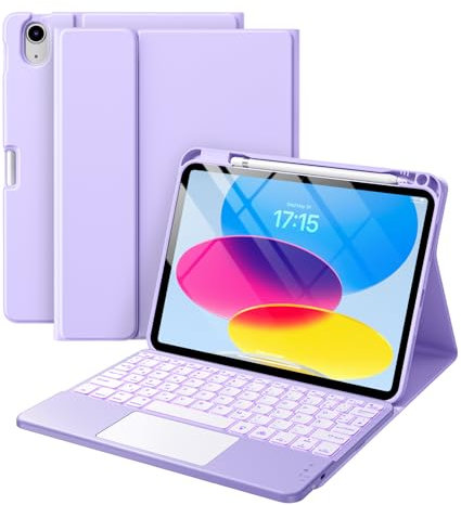 Vobafe Tastiera iPad 10 Generazione 10.9 Pollici 2022, Cover con Tastiera Rimovibile iPad A16 11 Gen 2025 con Trackpad, Italiano QWERTY con 7 Colori Illuminato, Custodia con Portapenna,Lavanda