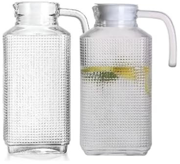 HOMESHOPA Glass Water Jug with Lid, 2 Pack 1.6 Litre Water Pitcher Carafe Jug for Hot/Cold Water Ice Tea Coffee Milk & Juice Beverage, Transparent Glass Fridge Door Water Jug with Spout and Handle