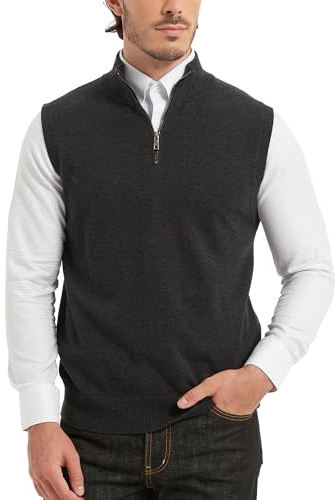 Kallspin Hombres Puro Algodón Cuarto Cremallera Stand Collar Suéter Negocios Sólido Punto Jersey Sin Mangas Chaleco, gris oscuro, XXL