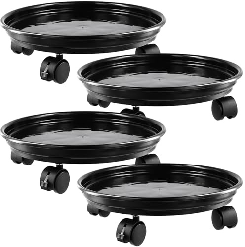 KEILEOHO 4 Stück 33cm Rollbarer Pflanzenständer, Pflanzenwagen Pflanzenroller mit Rollen, Schwarz Pflanzen Caddy Rund für Indoor Im Freien Outdoor