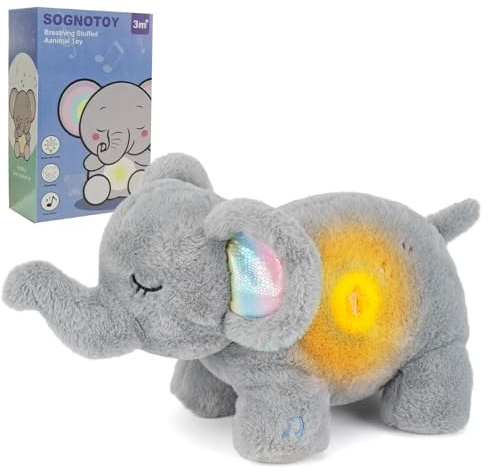 Faune Relaxant Peluche qui Respire, Les éléphants Endormis Veilleuse Bébé Musicale et Lumineuse avec Bruit Blanc, Cadeau de Naissance pour Fille et Garçon Nouveau-né