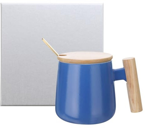HARFINGTON Ceramic Coffee Mug Set 12.85 Oz Simple Wooden Handle Large Tea Cup Handmade Ceramic Mugs Gift Box with Lid and Spoon for Office Kitchen Home and Gifts for Women and Men, Blue