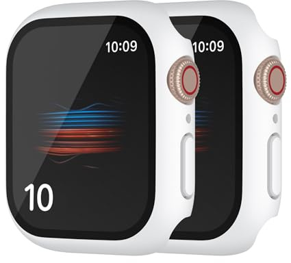HANKN 2 Stück Hülle für Apple Watch Series 11 10 42mm Temperierte Glas Schutzhülle, Hart Bildschirmschutz Gehäuse iWatch Eingebaut Displayschutzfolie, 42mm Weiß + Weiß