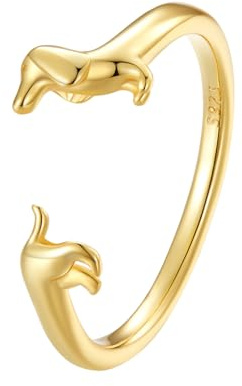 Qings Dackel Hund Ring 925 Sterling Silber für Damen Süßer Tier Offener Verstellbarer Fingerring Geburtstags Schmuck Geschenke für Tierliebhabe