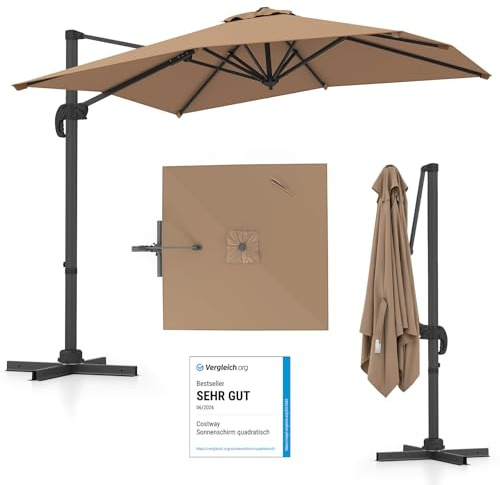 COSTWAY parasoll rektangulärt 250 x 250 cm, stort trafikljus med vev, trädgårdsparaply lutbart, 360° roterbart, terrassparaply, marknadsparaply för trädgård, terrass, balkong (brun)