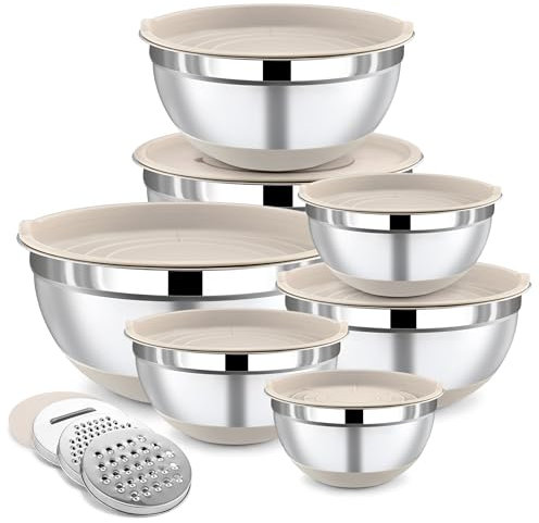 BEWOS Bol para Mezclar con Tapa de 7 piezas, Bol de Acero Inoxidable con Rallador, Diseño anidado y Colorida Base Antideslizante, Tamaños 0.5, 1, 1.4, 1.85, 2.35, 3.2, 4 L para Mezclar y Servir