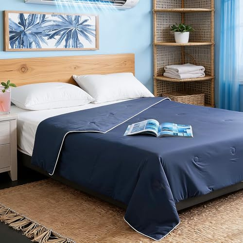 DOWNFORT King Cooling Comforter with Tencel™ Fill for Hot Sleepers & Night Sweats - Lightweight, Breahtable,Double-Sided Cold Blanket All Season Thin Bedding (Blue, Cali King 106x 90)