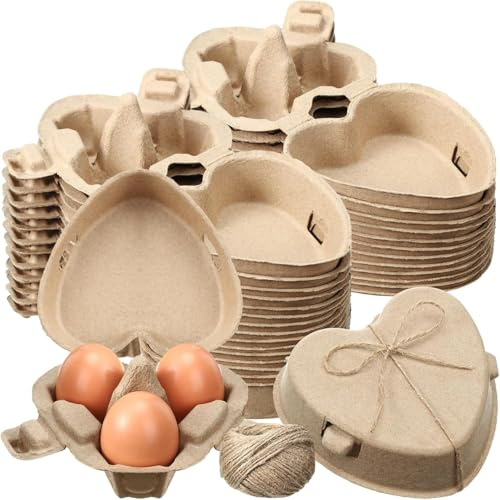 3 Egg Cartons 3 Count Crate Heart Shaped Paper Pulp Egg Container with Jute Rope Reusable Baskets Holder for Backyard Storage Valentine Chicken Lover Gifts(30 Pcs/60pcs) (30)