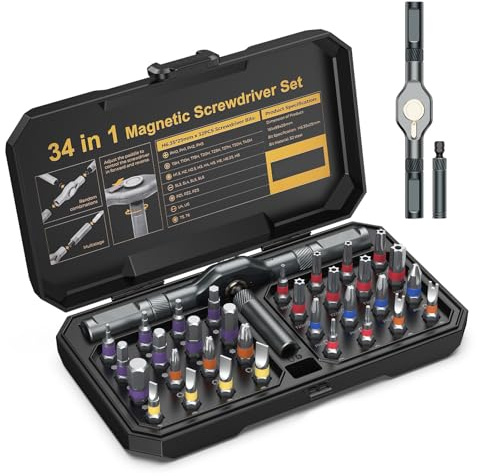ORIA 34-in-1 Magnetic Ratchet Screwdriver Set, S2 Bits, Storage Case