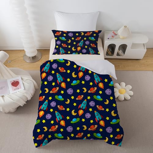 ROZTYLJ Space Kids Duvet Cover, Toddler Bedding Set for Boys with Zip Fastening, Cot Bed Duvet Cover Set 120x150cm With 40x60 cm Pillowcase