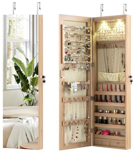 COSTWAY Armoire à Bijoux Mural avec Miroir et Lumière LED Armoire de Rangement Accrochée à La Porte 120 x 36 x 10 cm (Naturel)