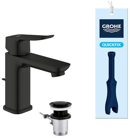 GROHE Dice, Waschtischarmatur, wassersparend (Wasserhahn für das Bad, Badarmatur mit Zugstangen-Ablauf, 15cm hoch, mit 3in1 Werkzeug, einfache Installation am Waschbecken), mattschwarz, 1018562430