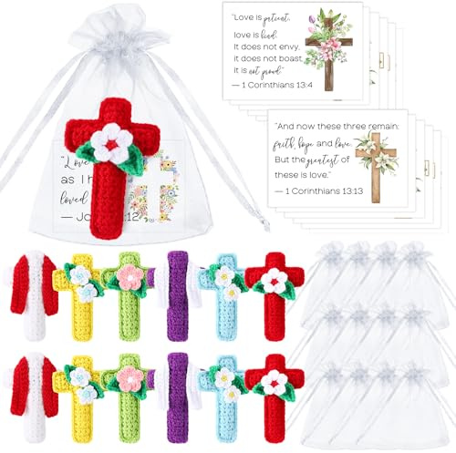 Motionchic 12 Sets Crochet Christian Gifts Bulk Handmade Crochet Cross with Bible Prayer Cards for Women Church Religious Birthday Wedding Baptism Party Favors Stocking Stuffers Home Decor Gifts