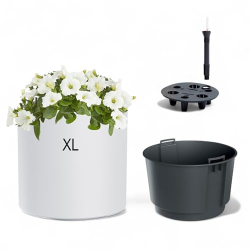 MELTOM Pot de fleurs avec insert et système d'irrigation, rond et moderne, résistant au gel et aux UV, en plastique, pour l'intérieur et l'extérieur, blanc, taille XL