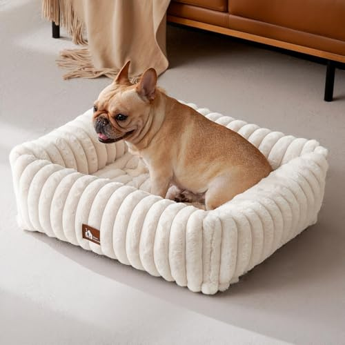Upvilla Luxusweicher Hundekorb, Katzenbett, Super Weiches Hundebett kleine Hunde, 4-seitiges Nackenkissen, Abnehmbare Waschbare Hundematte, Hundesofa mit Griffen, Haustierbett (Beige, 64 * 53 * 18cm)