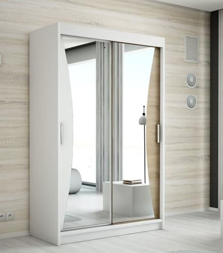 A&J MöbelLand Schwebetürenschrank NIKO Kleiderschrank 2-türig mit Spiegel, Garderobe 120 cm (Weiß)