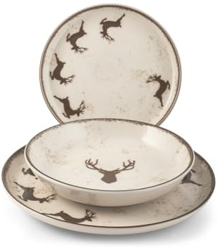 H&H Service de Table Noël 12 Pièces Wild Mocha en Grès - Assiettes Plates, Creuses et à Dessert - Design Traditionnel et Élégant