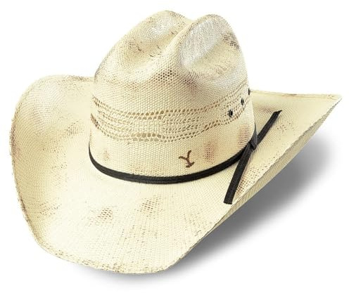 STARS & STRIPES Yellowstone stråhatt ”Nash” – rancherstil av pappersstro med Yellowstone-Y, storleksjusterbar, natur, 56