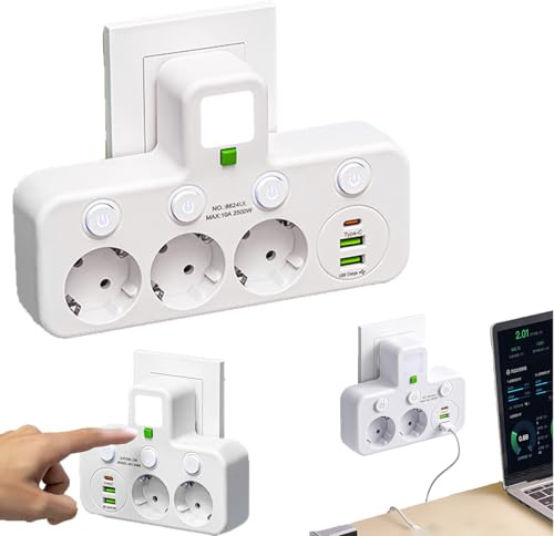 2026 Neue Steckdosenleiste ohne Kabel, 2/3/4/5 Fach Steckdosenleiste, Mehrfachstecker mit USB & Type-C (5V 2.0A), Einzelschaltern, für Küche Wohnzimmer Schlafzimmer Büro (White,3 Fach)