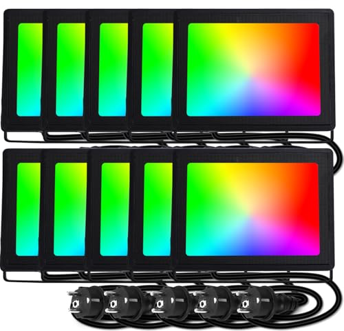 Aigostar - Foco proyector LED con Enchufe,50W,con mando a distancia,RGB:iluminación de colores,6 modos de funcionamiento estroboscópico.Iluminación regulable.Uso interior y exterior IP65,10 piezas
