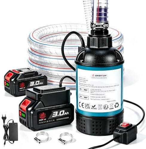 ONEVAN Batteridränkbar pump med 2 x 3,0 Ah batteri och 2 m slang, 4164 L/H vattenpump