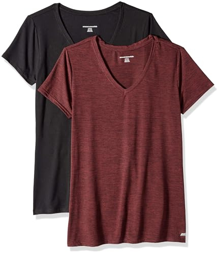Amazon Essentials Damen Active Quick Dry Tech Stretch Kurzarm-T-Shirt mit V-Ausschnitt (in Übergröße erhältlich), 2er-Pack, Burgunderrot Space-dye/Schwarz, XXL