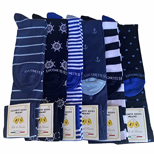 Lucchetti Socks Milano 6 paia Calze Uomo Lunghe filo di scozia Fantasia Cotone colorate Pois Righe Disegni divertenti Made in Italy (Taglia 41-46, Set Vela)