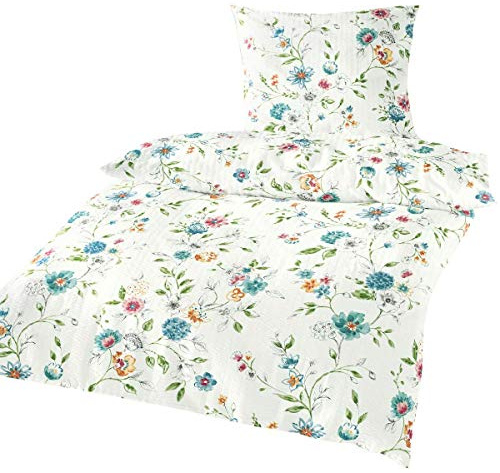 Traumschlaf Seersucker Bettwäsche Blumengirlande • Florales Design in Blau-Weiß • 100 % Baumwolle • Sommerbettwäsche bügelfrei & atmungsaktiv • 155 x 220 cm + Kissenbezug 80 x 80 cm
