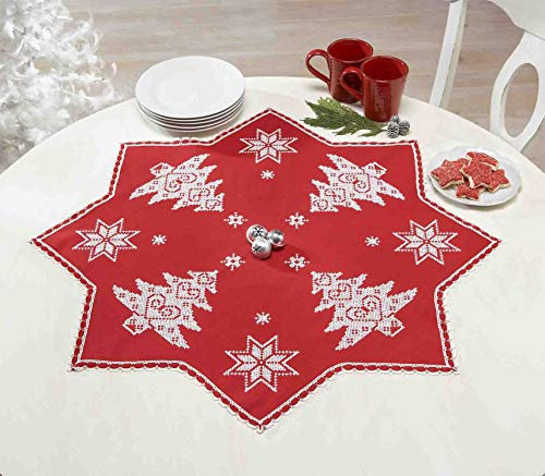 KAMACA Luxus-Stickpackung in ROT in Sternen - Form mit SPITZE Stickdecke 75x75 cm Kreuzstich vorgezeichnet aus Baumwolle komplettes Stickset mit Stickvorlage Weihnachten (Weihnachts– Zauber 75x75 cm)