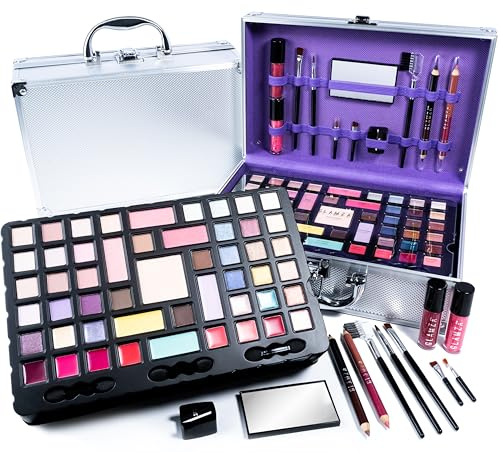 Makeup Set GLAMZA 68 Piece Makeup Kit for Women & Teenage Girls - Includes Silver Aluminium Makeup Vanity Case, Eyeshadow Palettes, Lipstick, Makeup Brushes & More!