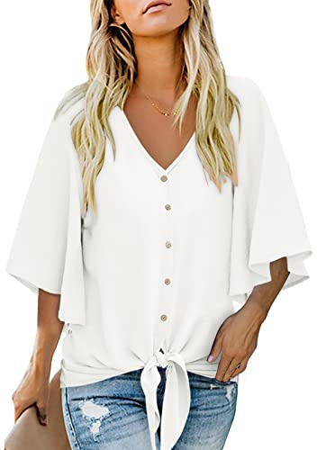 Aokosor Ladies Blouses for Womens White Tops Size 12-14 UK V Neck Button Summer Chiffon 3/4 Bell Sleeve Shirts