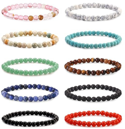 CASSIECA 10 Stück 4 mm Naturstein Perlenarmbänder für Herren Damen Winziger Schotter Naturstein Elastisch Armband Charme Perlen Paare Stretch Armbänder Schmuck