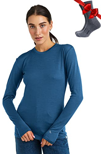 Merino.tech 100% Chemise Femme Laine Merinos + Chaussettes | Sous Couche Merinos Léger, Moyen, Épais, Respirant, Anti-Odeur Naturel, Idéal pour la Randonnée, Ski, Voyage, Non-Irritant