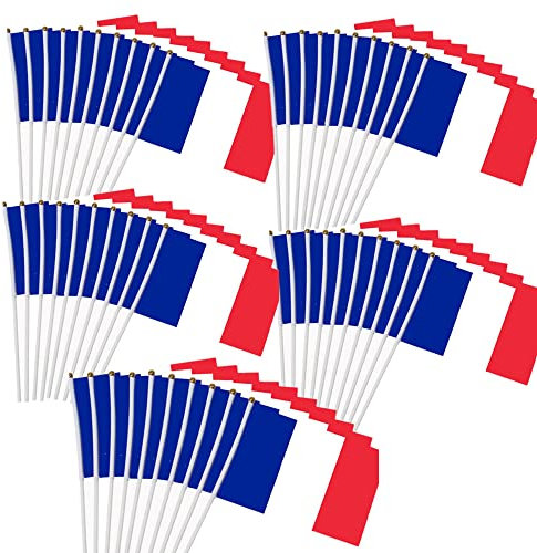 50 Pièces Petit Drapeau Français avec Baton Drapeau Tricolore Bleu Blanc Rouge Tenus à manivelle Fanions pour Fête défilés matchs de football événement sportif Jardin Décoration de bar 21 x 14 cN