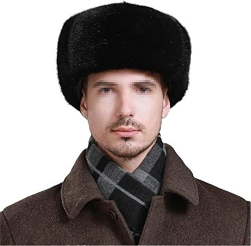 Herren Winter Bomber Hüte Mann Warm Fell Cap Herren Schaffell Leder Trapper Hut, Schwarz , 59-60
