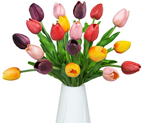 Huahuashijie 20 Stems Multicolor Flowers PU Real Touch Tulip Artificial Flowers Bouquet for Spring Wreath Wedding Bouquet Festival Party Home Office Décor DIY (Mix 4 Color)