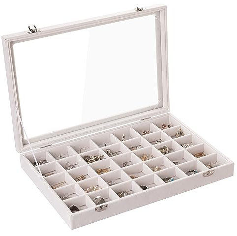 Frebeauty Velvet Jewellery Tray 35 Grid Jewellery Organiser with Clear Lid Earring Organiser Holder Case with Clasp Drawer Insert for Rings Studs Brooches Gift for Women Girls(Beige 35 Grid)