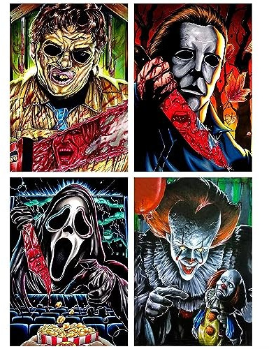 UNIQUORS Diamond Painting Bilder Erwachsene 4 Pack Clown, Halloween Horror Diamant Painting Michael Myers, Full Drill 5D Diamant Malerei Ghostface, Home Wall Decoration（30 x 40cm）
