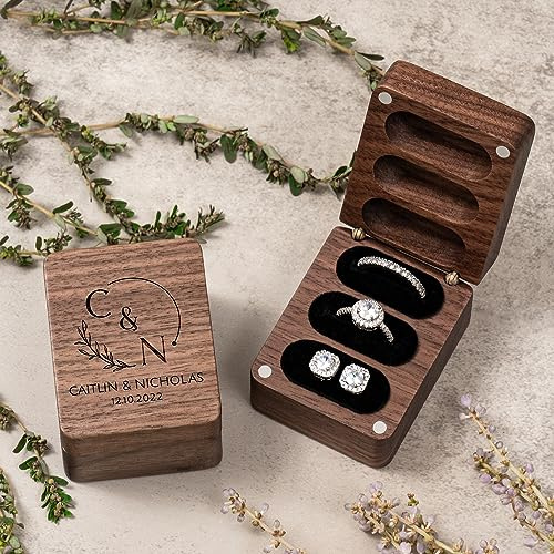 Esseur Personalisierte quadratische Ringbox aus Holz für Antragsringe für 3 Ringe Ringträger Box für Hochzeitsantrag Verlobung