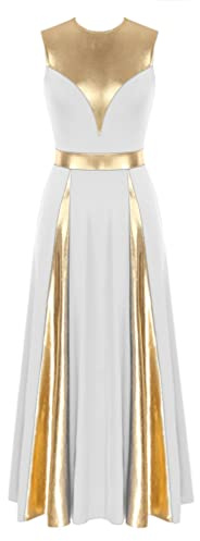 Freebily Robe de Louange Liturgique Femme Robe de Soiree Bapteme Cocktail Adulte Justaucorps Gymnastique Danse Costume Danse Lyrique Liturgical Praise Dress Blanc S