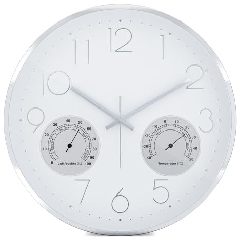 Mebus große Quarz-Wanduhr mit Thermo- und Hygrometer I Leisegangwerk I ohne Geräusch I präzises Uhrwerk I hochwertiger Aluminiumrahmen I 3D Ziffern verchromt I Farbe: Weiß I Durchmesser: 35cm