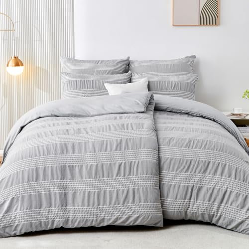 Qucover Seersucker Bettwäsche 135x200 4teilig Grau Weiß Gestreift, Mikrofaser Bettwäsche-Sets, 2 Bettbezügen 135x200cm + 2 Kissenbezüge 80X80cm, Bügelfreie Bettwäsche mit Reißverschluss