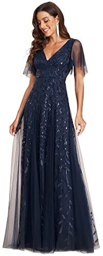 Ever-Pretty Robe de Témoin de Mariage Taille Empire Col V Paillettes et Tulle Manches Courtes Bleu Marine 50