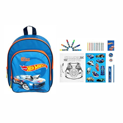 Kindergartenrucksack Hot Wheels Junge - Personalisiert mit Name - Set Kinderrucksack mit Mal- und Schreibturm 35-tlg.
