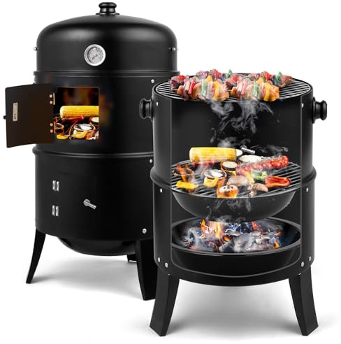 Outopee Barbecue Grill Smoker, Portable 3 in 1 Smoker Carbon Grill | Charcoal BBQ with Hangers & Thermometer for Outdoor Party, Camping, Beach Barbecues & Garden Cooking