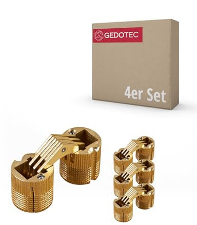 Gedotec Scharniere - verdecktes Einbohrscharnier | 4 Stück Möbelscharniere aus Messing | ZYSA | Einbohrband für Holz-Dicke 20-26 mm | Schrankscharnier rund für Bohr-Ø: 14 mm | Öffnungswinkel 180°