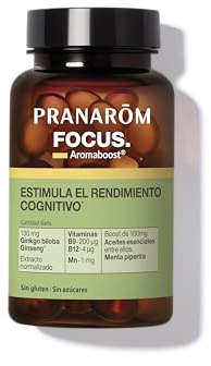 PRANAROM - Aromaboost Focus - Suplemento Alimenticio - Mejora la Memoria y la Concentración - Ginkgo - Ginseng - Vitaminas B9 B12 - Aceite Esencial de Salvia a Hojas de Lavanda - 60 Cápsulas