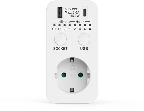 Perfect Zeitschaltsteckdose 230V mit USB & USB-C, Countdown Timer, weiß | Programmierbarer Zeitschalter mit 9 Abschaltzeiten von 15 Min. bis 8 Std., Steckdose und USB unabhängig steuerbar